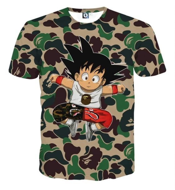 Cute Jumping Kid Goku Cameo Camouflage Streetwear T-shirt