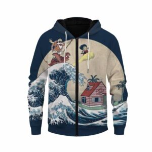 DBZ Kid Goku And Master Roshi Surfing To Kame House Zip Up Hoodie