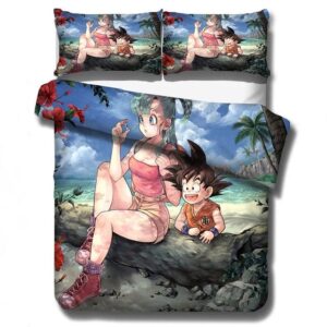 Adorable Bulma And Kid Goku Beach View Bedding Set
