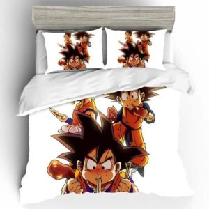 Hungry Kid Goku Eating Meat And Noodles White Bedding Set