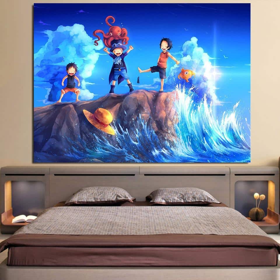 One Piece Kid Luffy Ace Sabo Happy Playing Blue 1pc Wall Art Saiyan Stuff