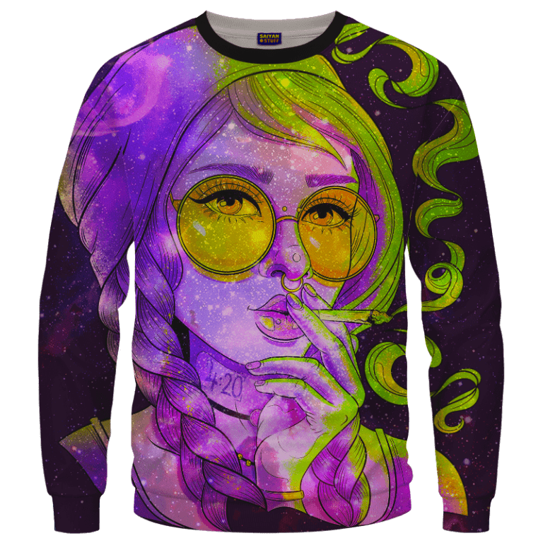 Marijuana Girl Smoking Joint Trippy 420 Art Crewneck Sweater - Saiyan Stuff