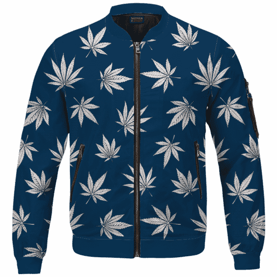 Marijuana Leaves Cool All Over Print Dark Navy Blue Bomber Jacket