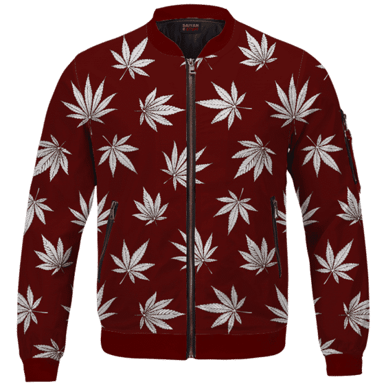 Marijuana Leaves Cool All Over Print Dark Red Bomber Jacket