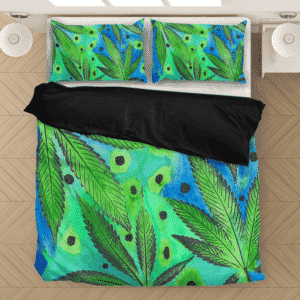 Marijuana Leaves Relaxing Art Green & Blue Bedding Set
