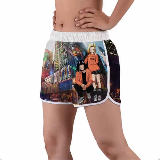 Android 18 And 17 Skyscrapers Art DBZ Women's Beach Shorts