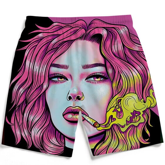 Cute Girl Smoking Joint Pink Black 420 Men's Beach Shorts
