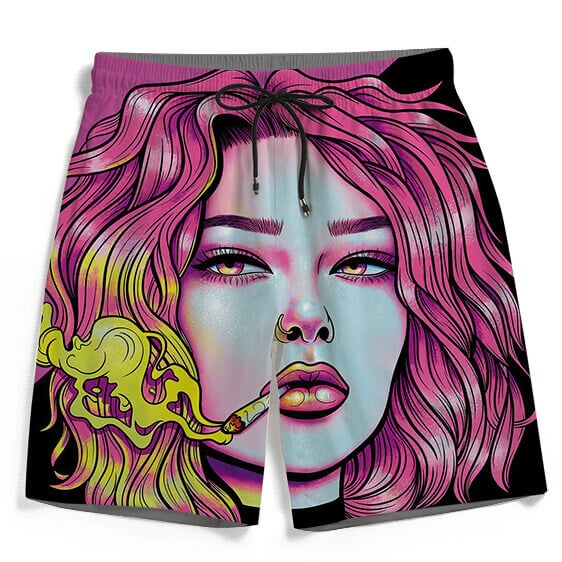 Cute Girl Smoking Joint Pink Black 420 Men's Beach Shorts
