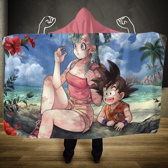 Dragon Ball Goku And Bulma On Tropical Beach Hooded Blanket