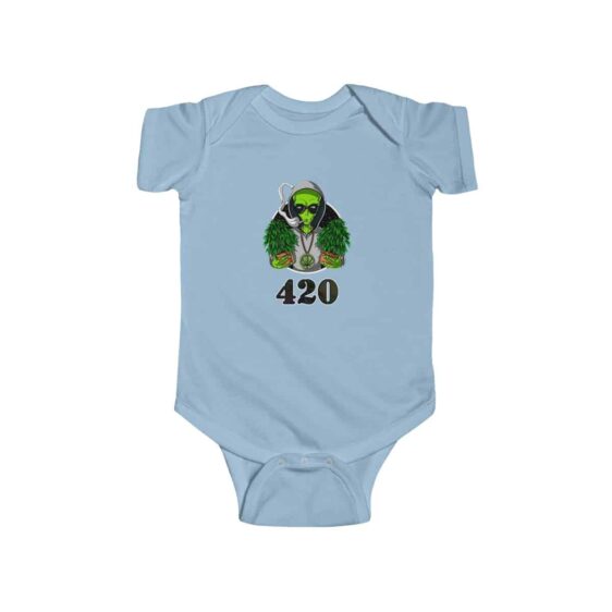 Hippie Alien Holding Cannabis Plant Dope 420 Weed Baby Onesie