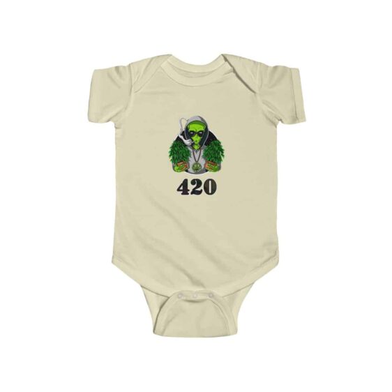Hippie Alien Holding Cannabis Plant Dope 420 Weed Baby Onesie